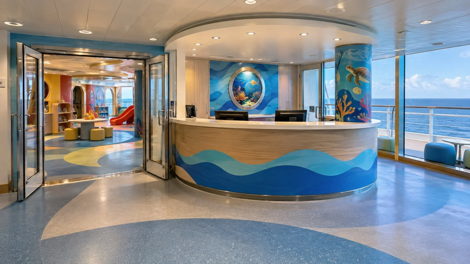 Empty cruise ship kids club entrance and registration counter