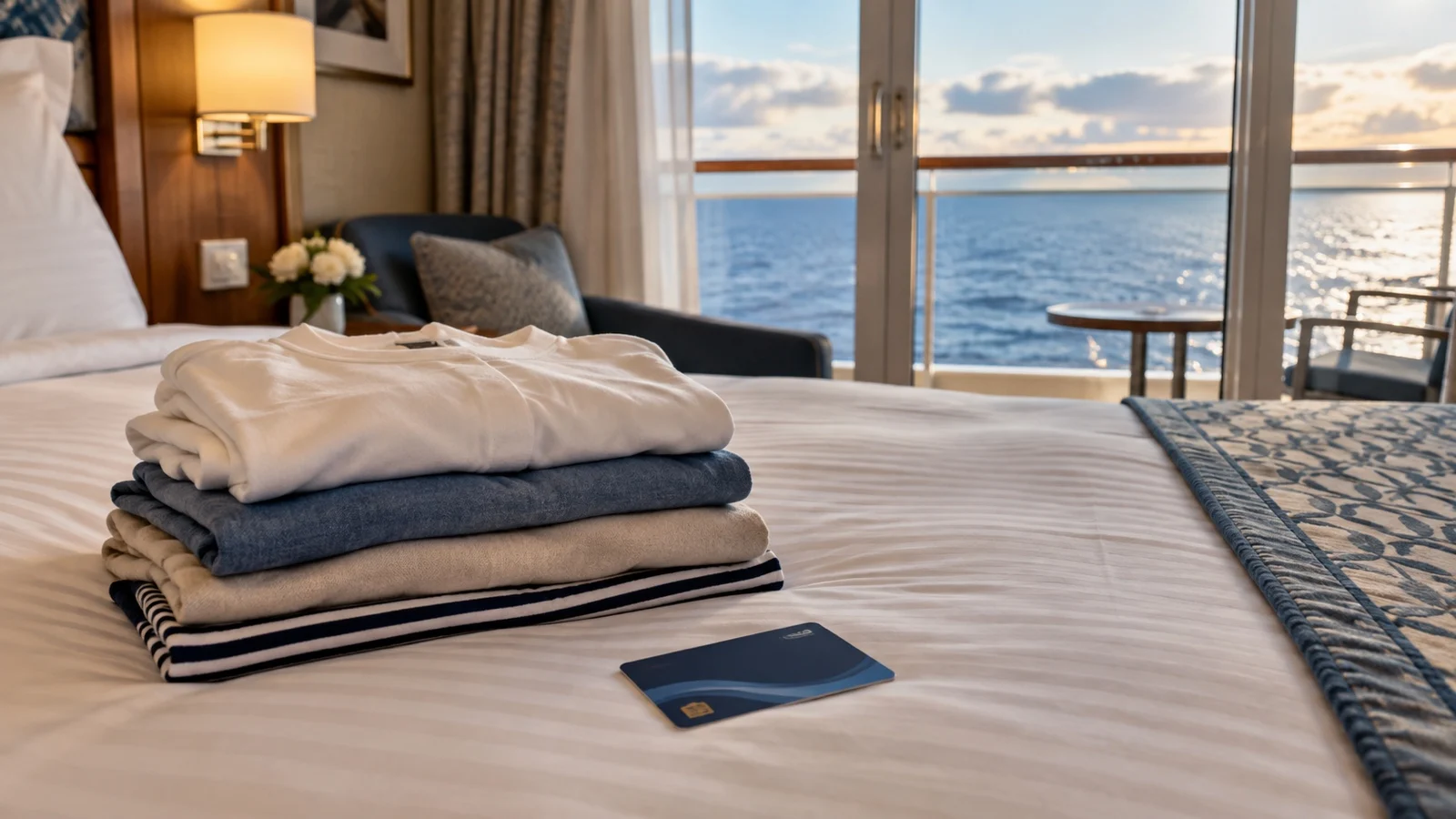 Folded clean laundry and generic loyalty card on a cruise cabin bed