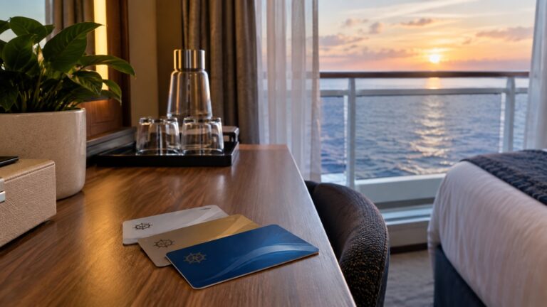 Generic unbranded cruise loyalty cards on a cabin desk, no readable text