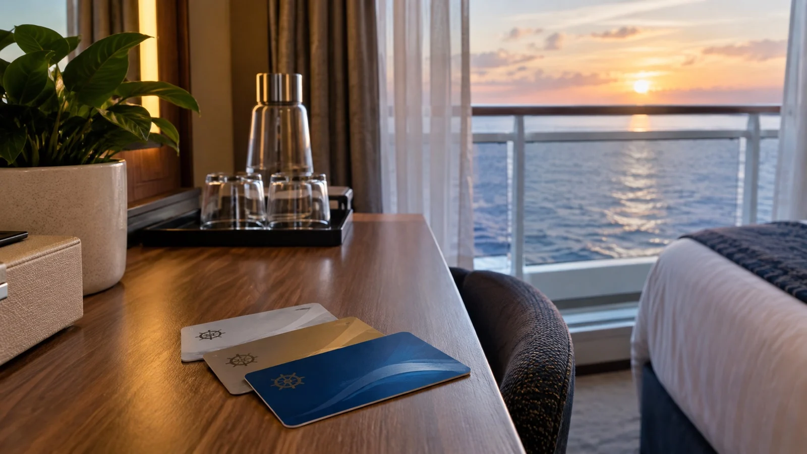 Generic unbranded cruise loyalty cards on a cabin desk, no readable text