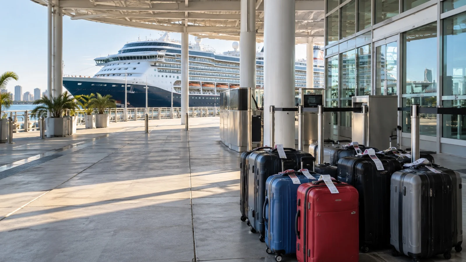 Stacked suitcases at an empty cruise terminal luggage drop