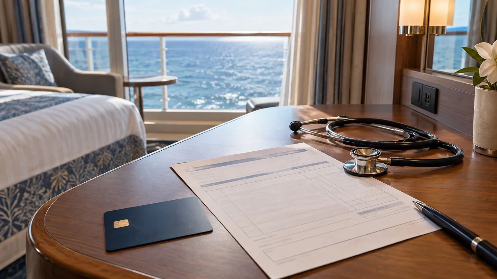 Unbranded blank medical invoice, credit card, and stethoscope on a cruise cabin desk, no readable text