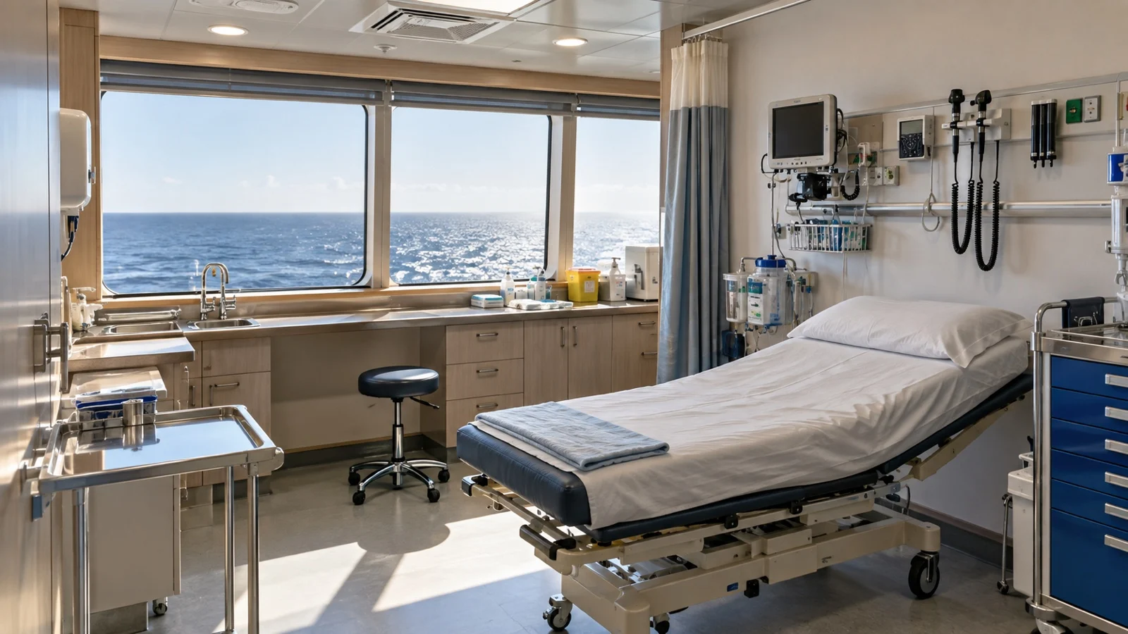 Empty shipboard medical exam room with equipment and sea-view window