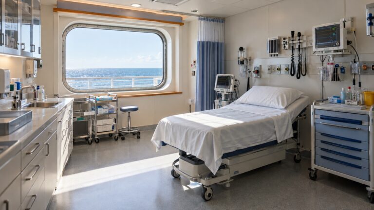 Empty cruise ship medical center with exam bed, monitor, and medical supplies