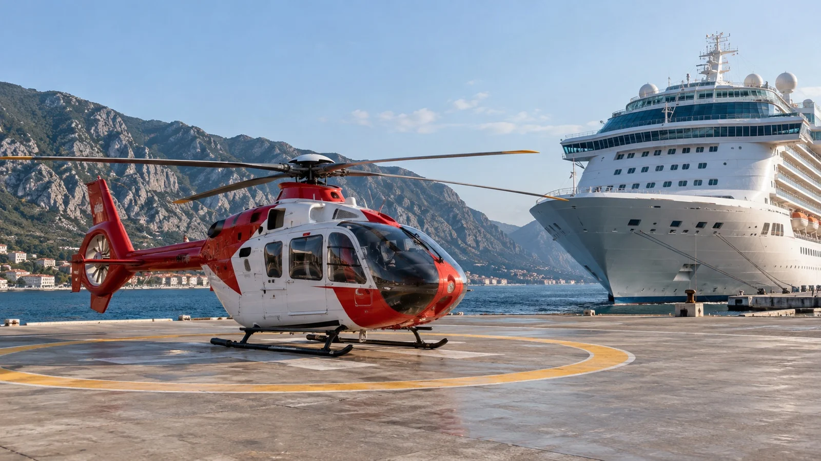 Empty rescue helicopter on a coastal helipad near cruise ship