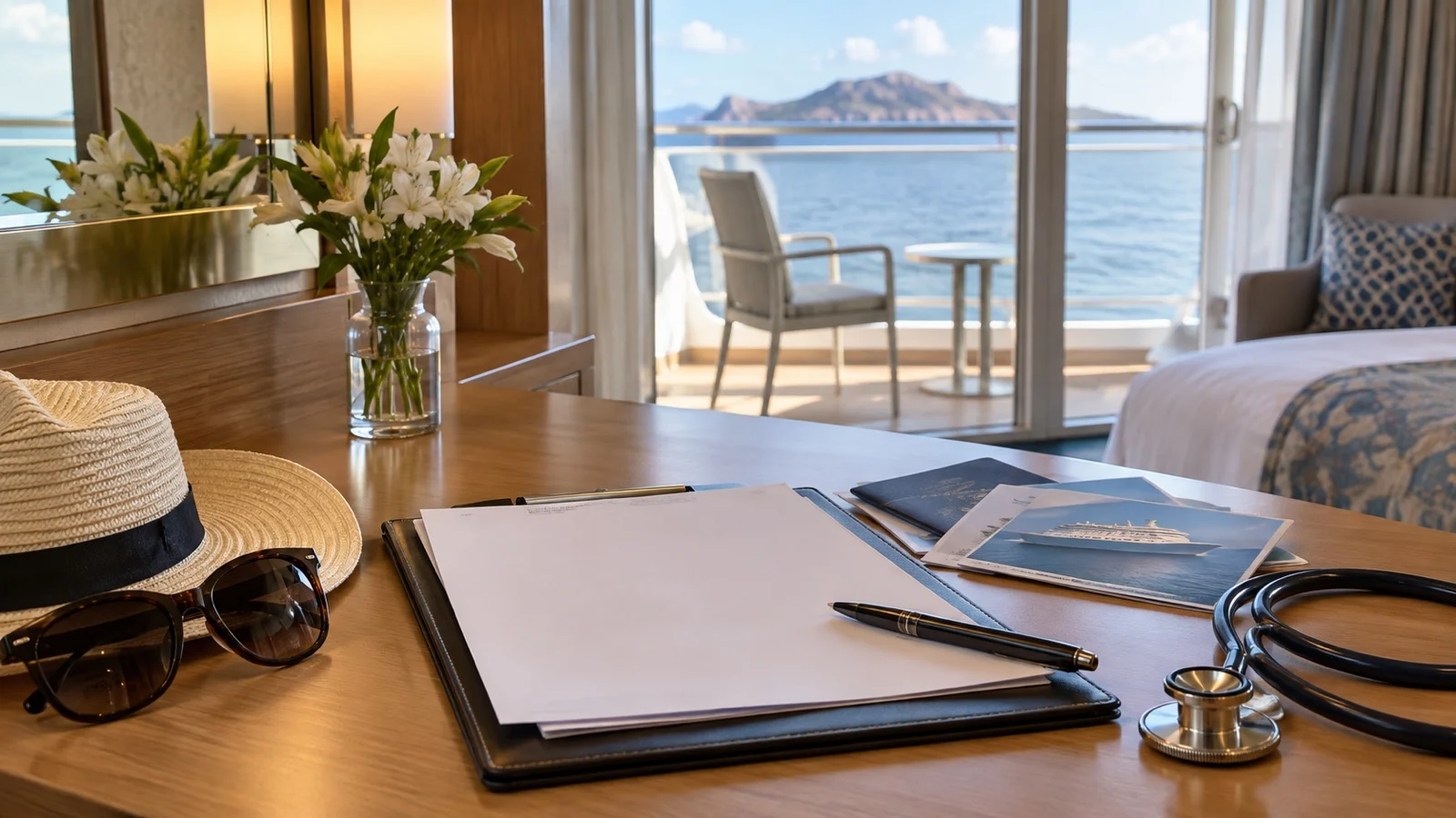 Blank physician letter and pregnancy travel paperwork on a cruise cabin desk, no readable text