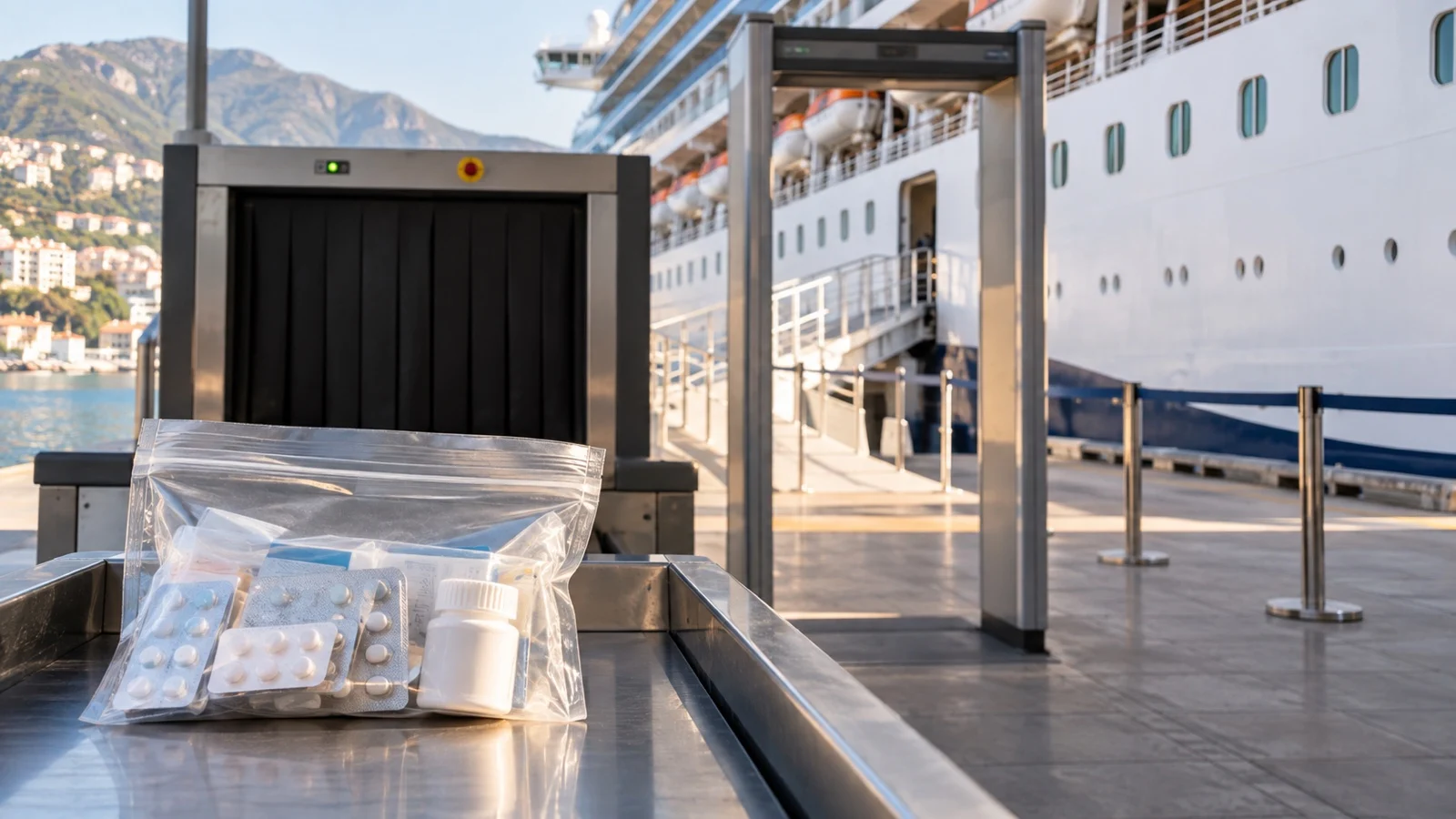 Empty cruise gangway security scanner with sealed medication pouch in foreground