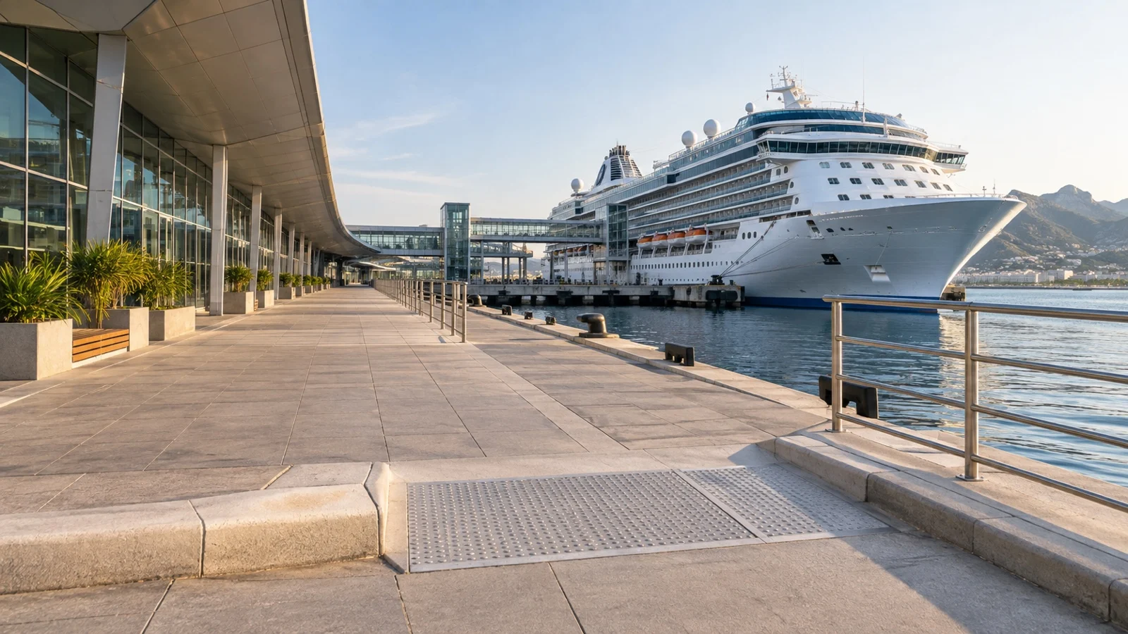 Empty level port promenade with curb ramps and cruise ship in background