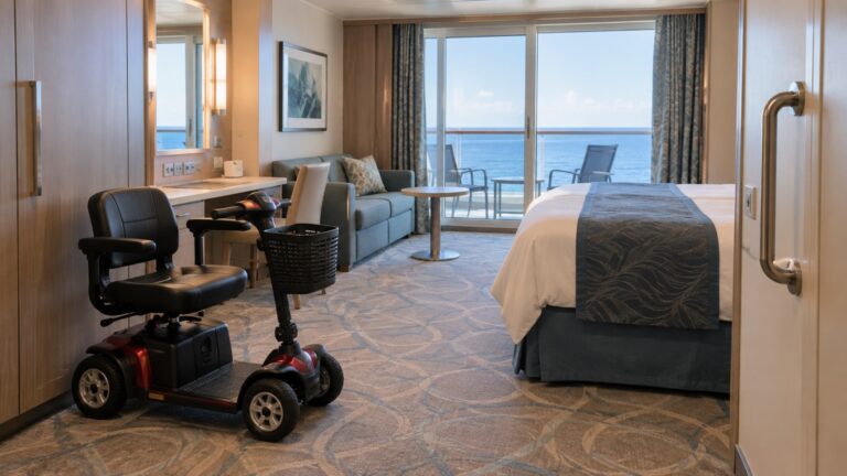 Compact mobility scooter parked in an empty accessible cruise cabin