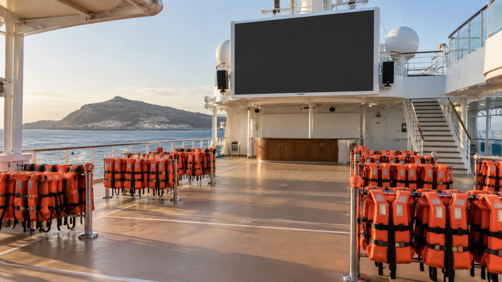 Empty cruise ship muster station with lifejackets and blank screen