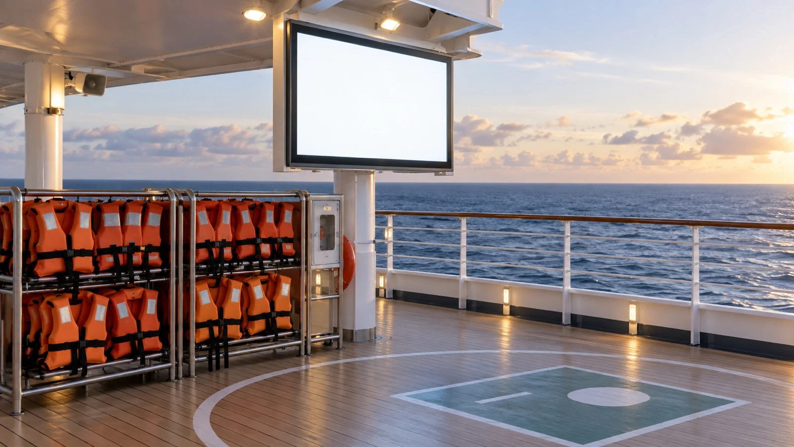 Empty cruise muster station with orange lifejackets and a blank visual display beside the sea