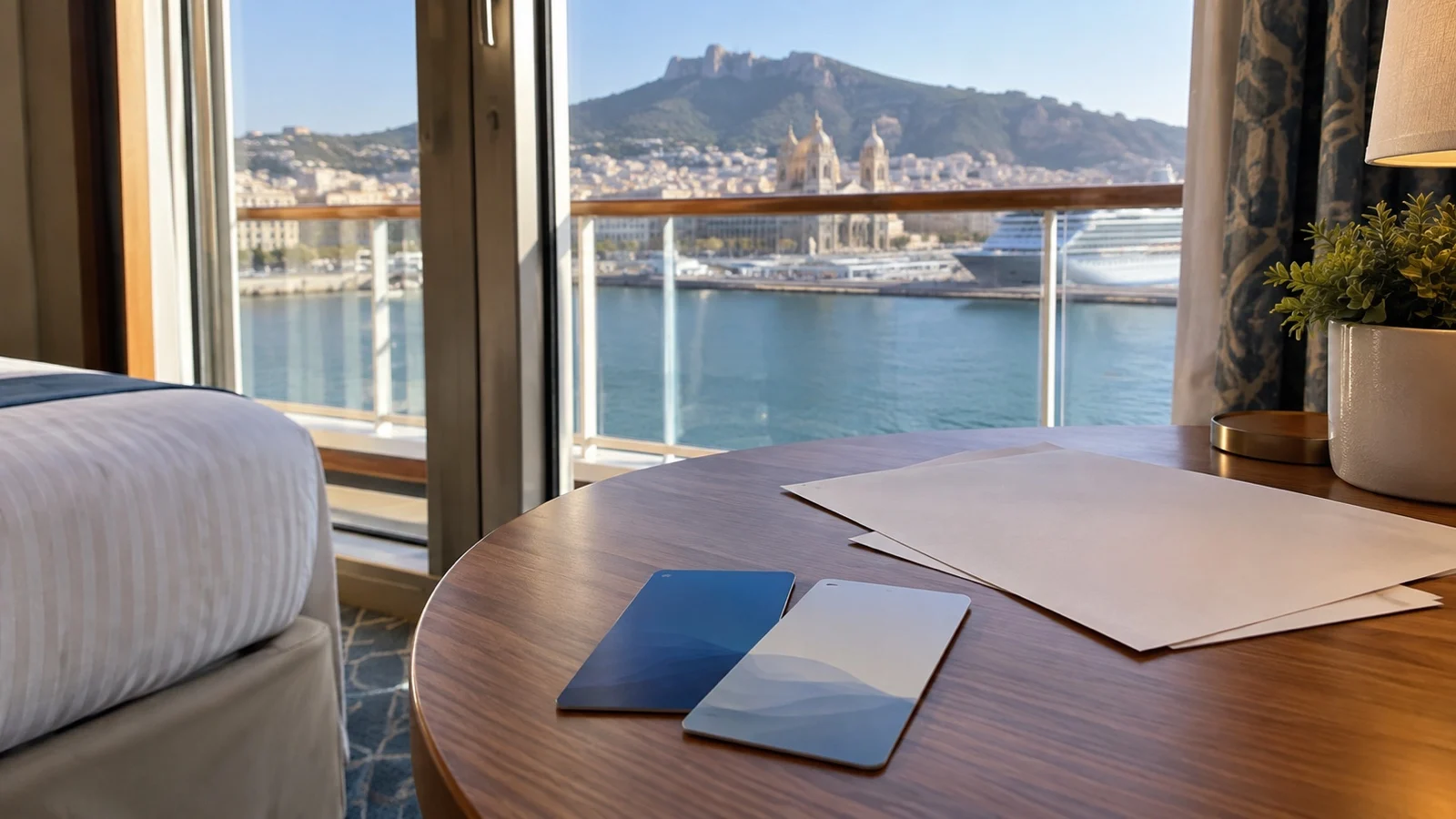 Unbranded cruise key card and blank itinerary papers on a cabin table by the harbor