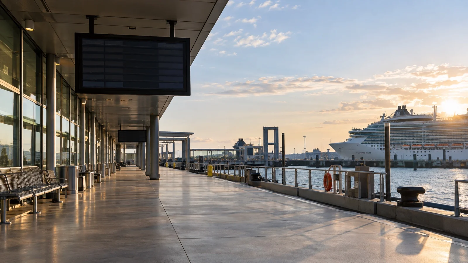 Empty ferry terminal near a cruise port with departure board unreadable