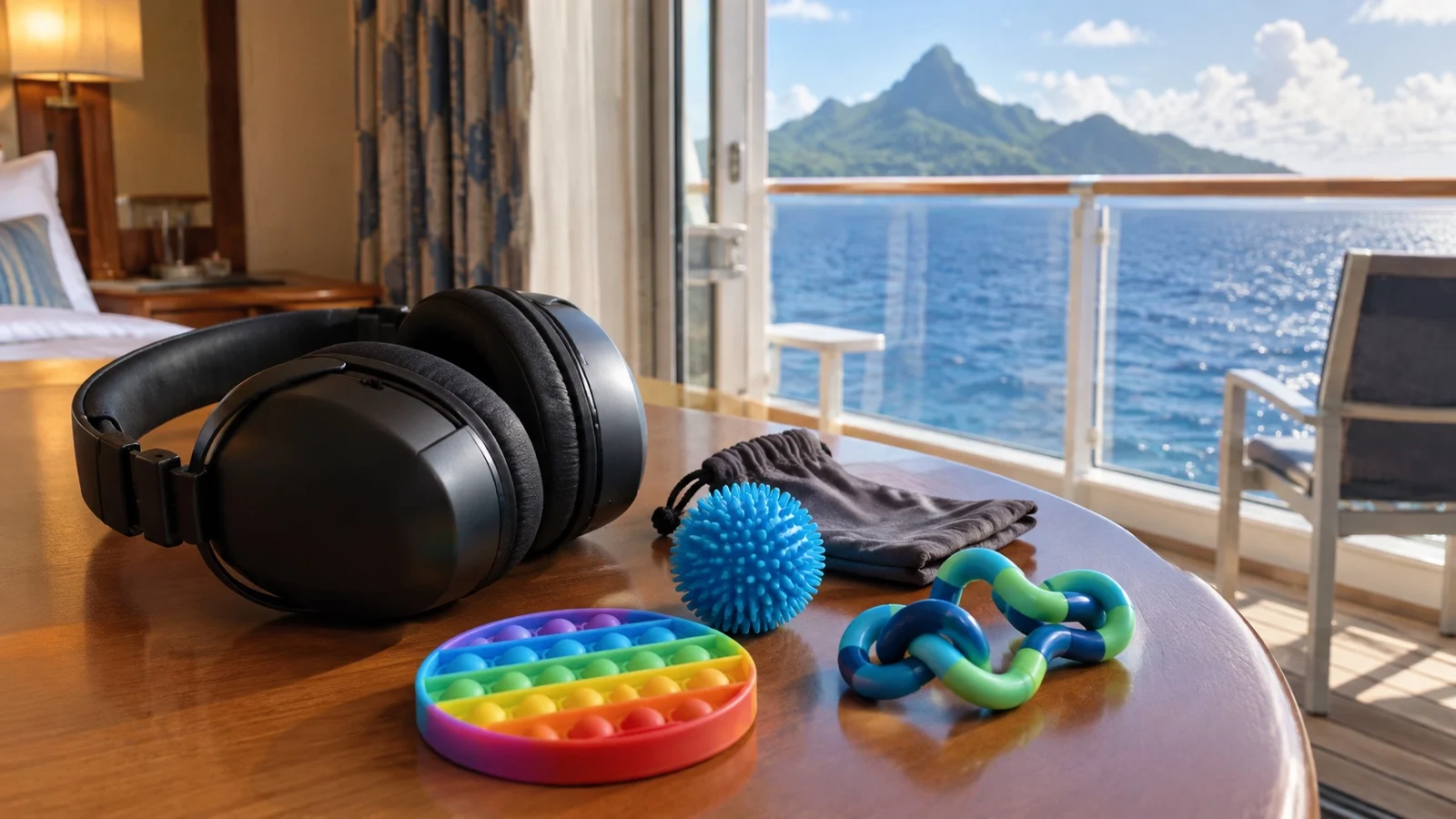 Noise-canceling headphones and small sensory tools on a cruise cabin table