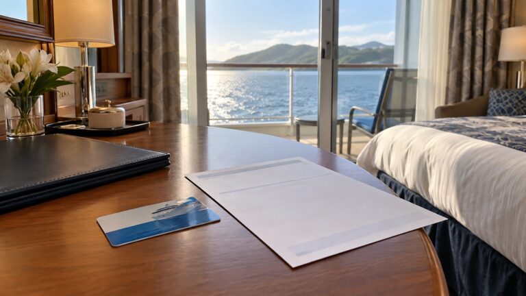 Generic cruise key card and blank onboard account statement on a cabin desk, no readable text
