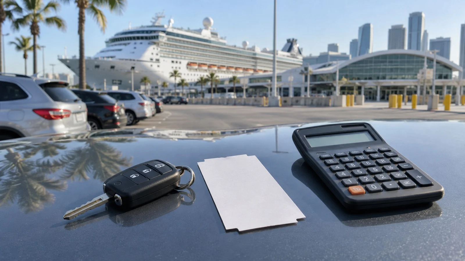 Blank parking ticket and calculator beside car keys, no readable text
