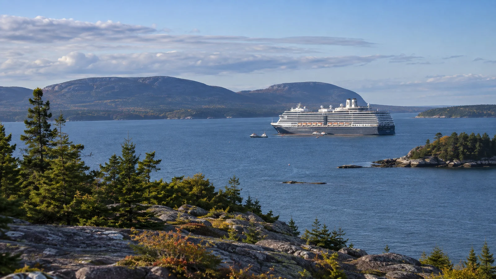 Cruise ship anchored offshore near Bar Harbor Maine