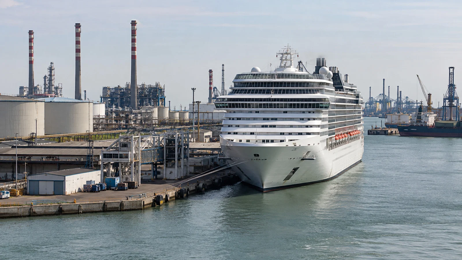 Large cruise ship at Venice Marghera industrial port rather than the historic lagoon