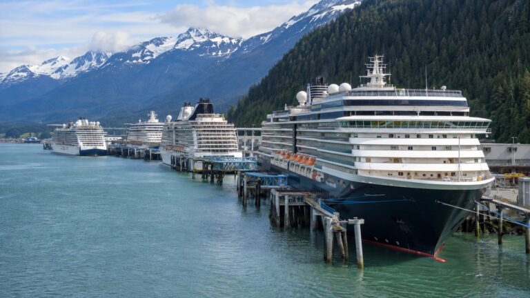 Several cruise ships at Juneau Alaska piers