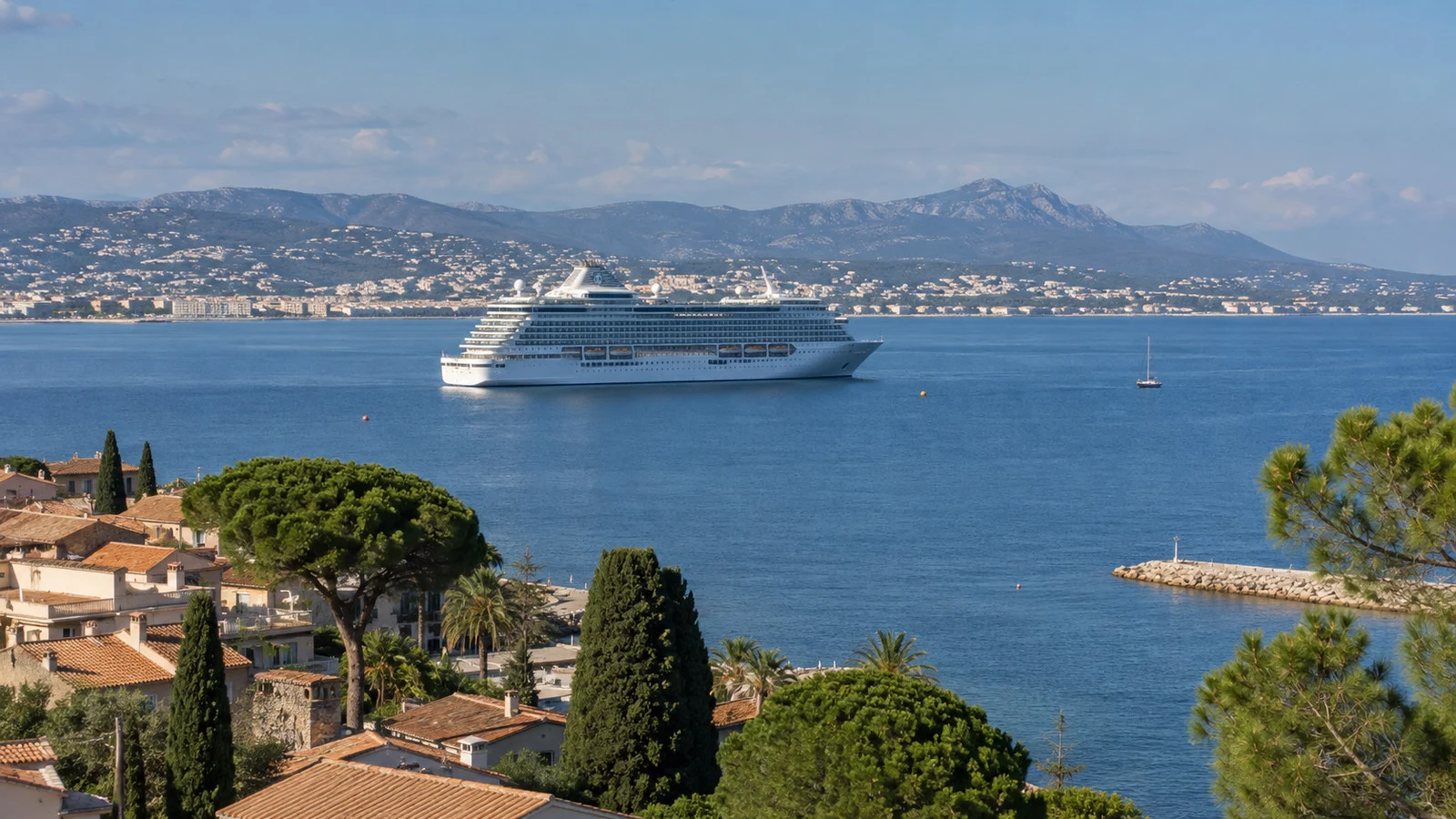 Single cruise ship anchored in the bay near Cannes France