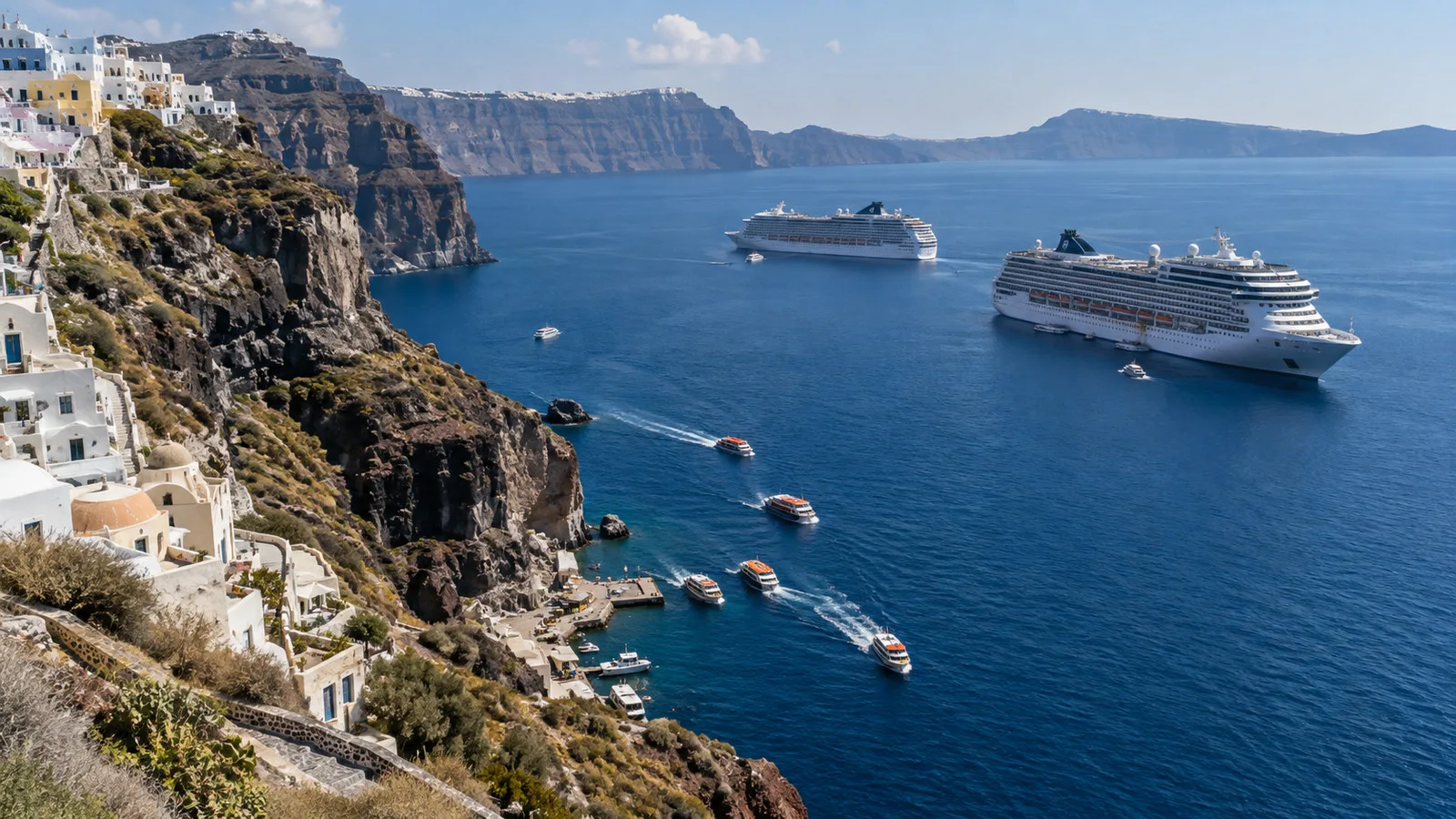 Tender boats below Santorini cliff and cruise ships offshore