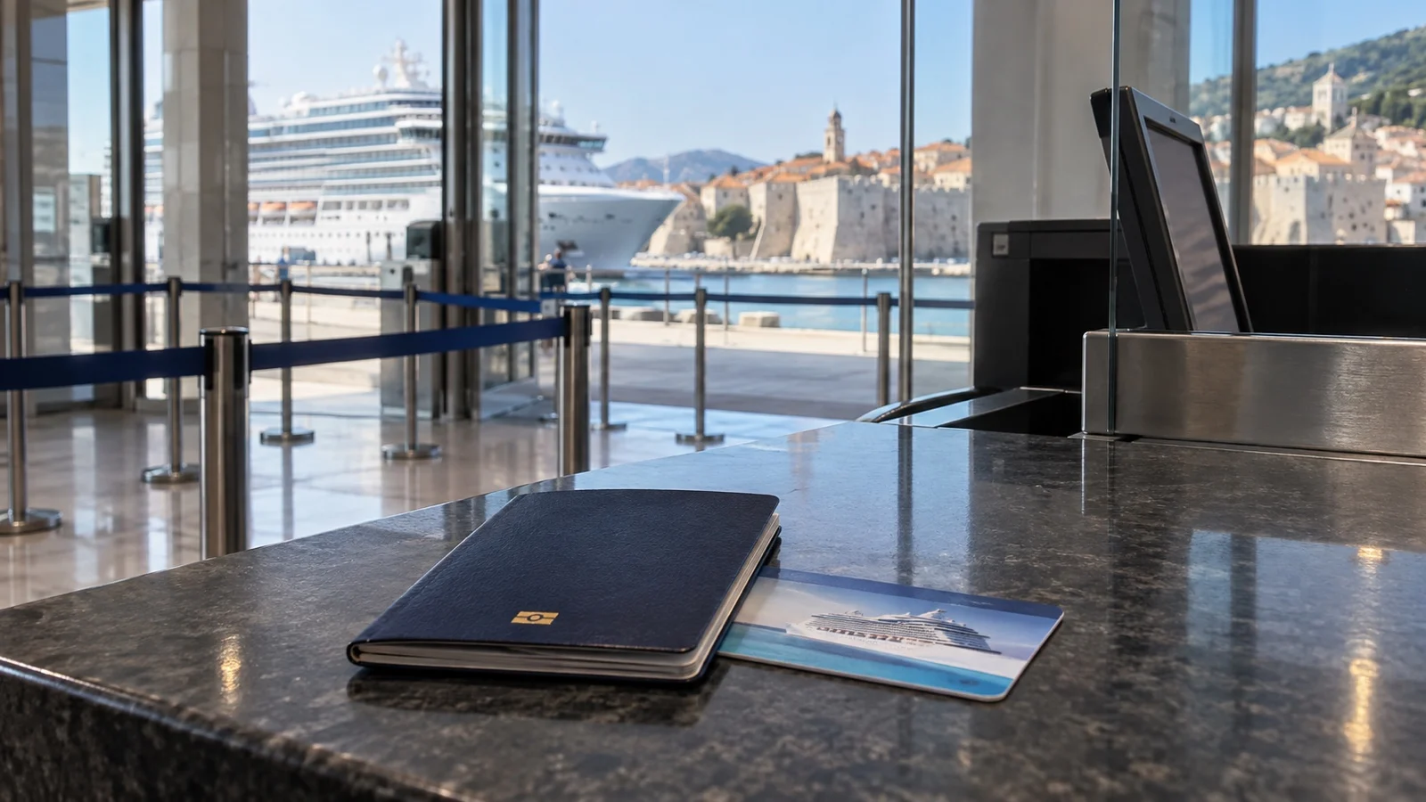 Passport and cruise key card on empty immigration desk, no readable text