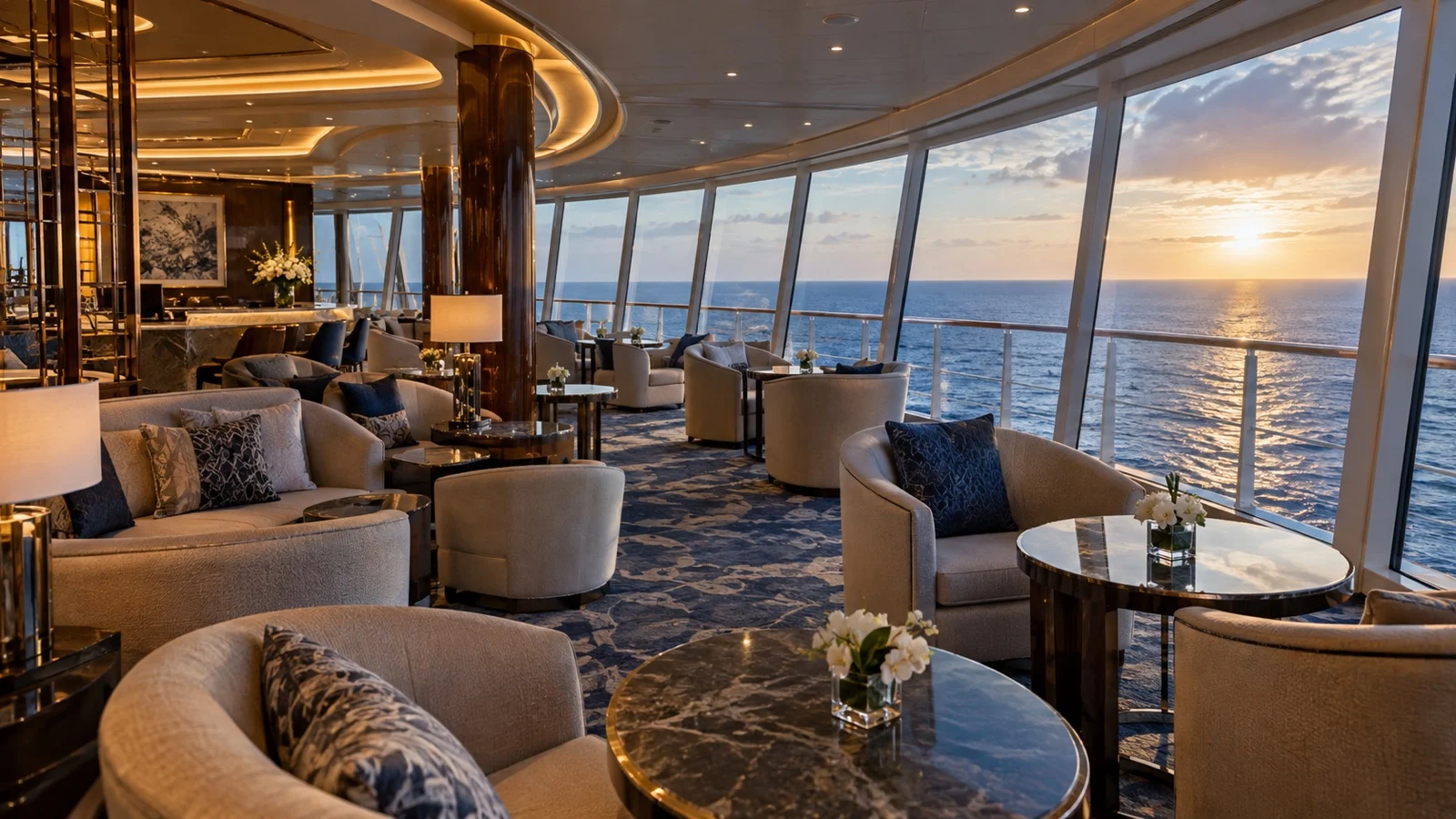 Empty cruise ship loyalty lounge with sea view and comfortable seating