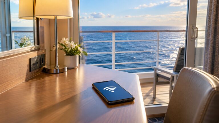 Smartphone showing generic Wi-Fi icon on empty cruise cabin desk with open sea outside, no readable text