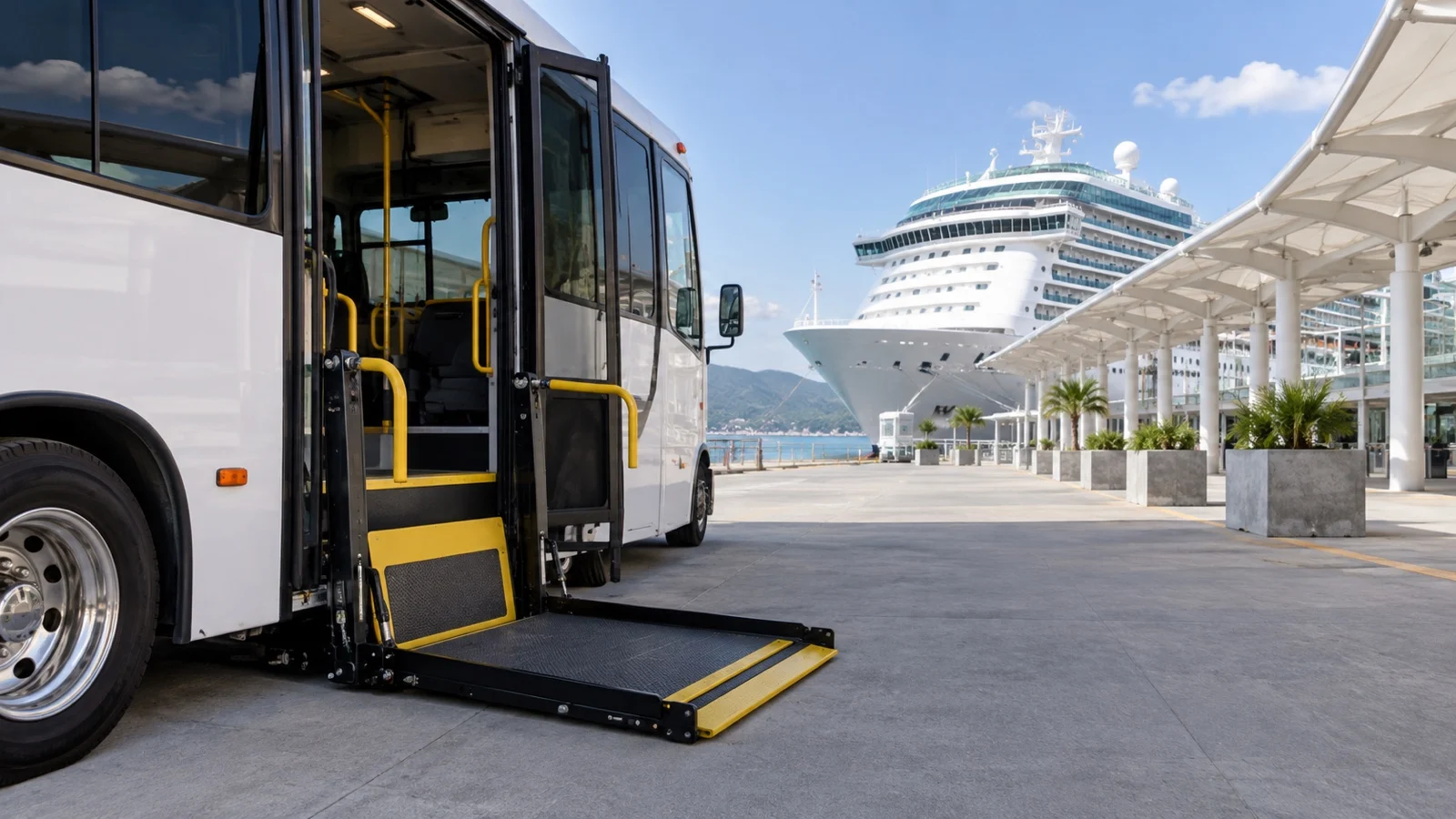 Empty wheelchair-accessible excursion bus with deployed lift at a cruise terminal