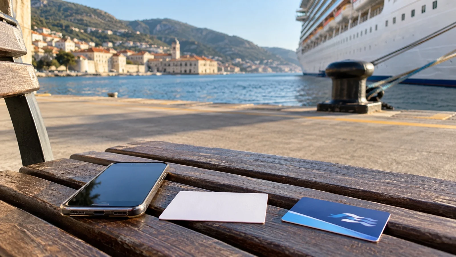 Phone beside blank port agent contact card and cruise key card on pier bench, no readable text