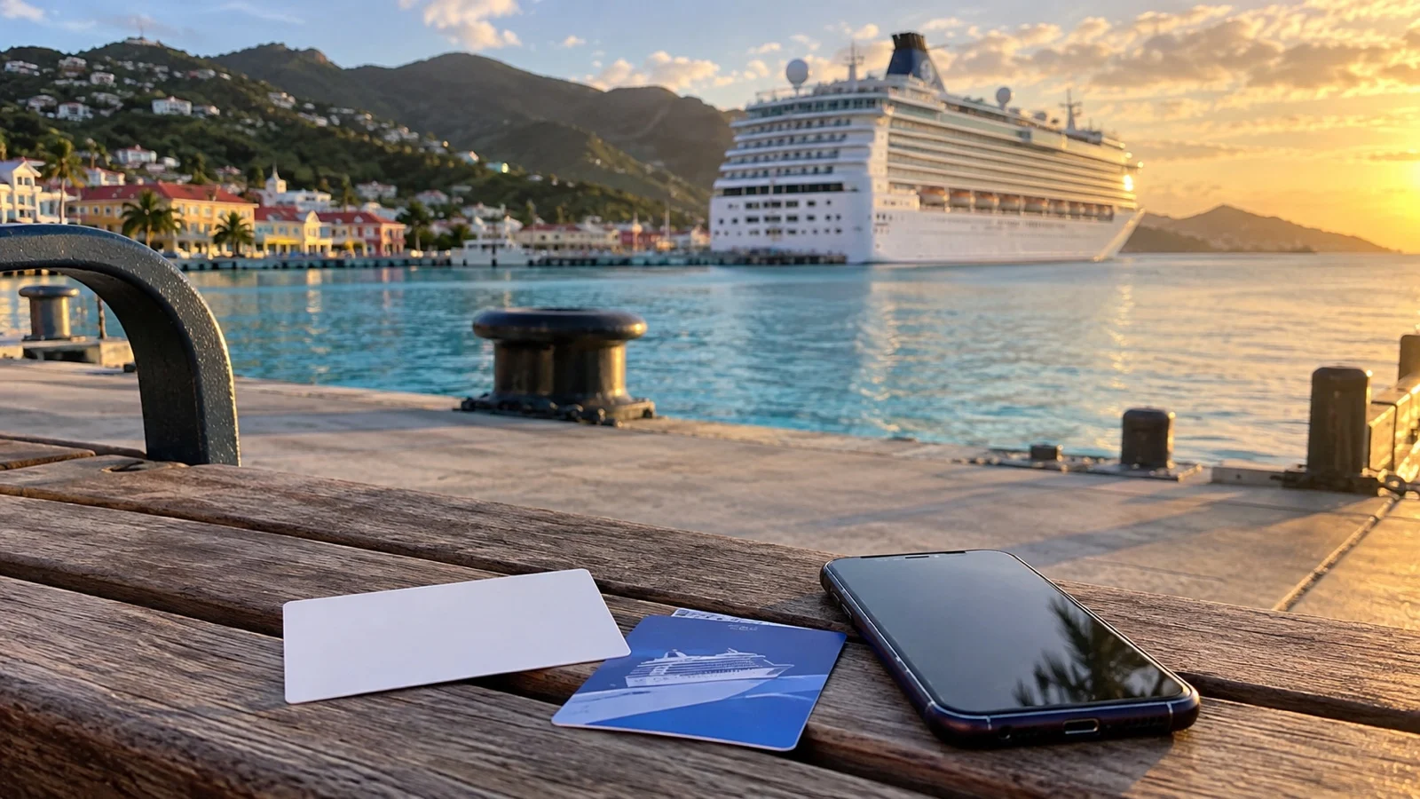 Blank port agent contact card, cruise card and phone on wooden pier with ship in harbor