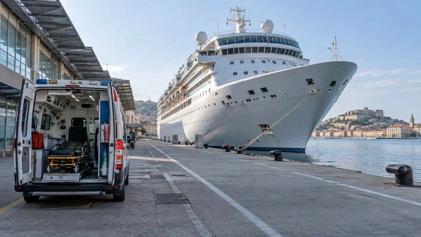 Empty ambulance beside cruise ship at port terminal