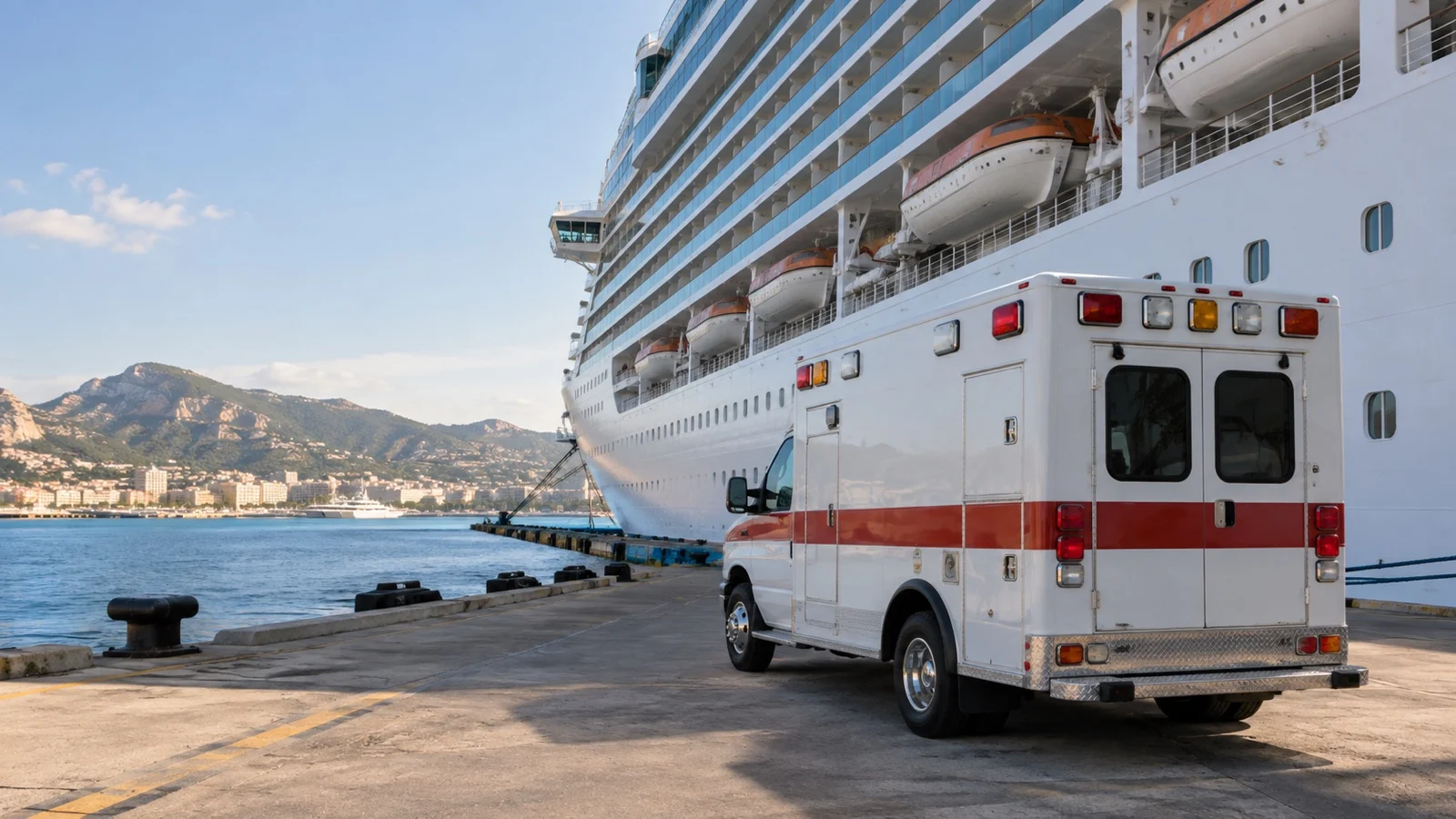 Empty ambulance waiting beside a cruise ship in a port terminal