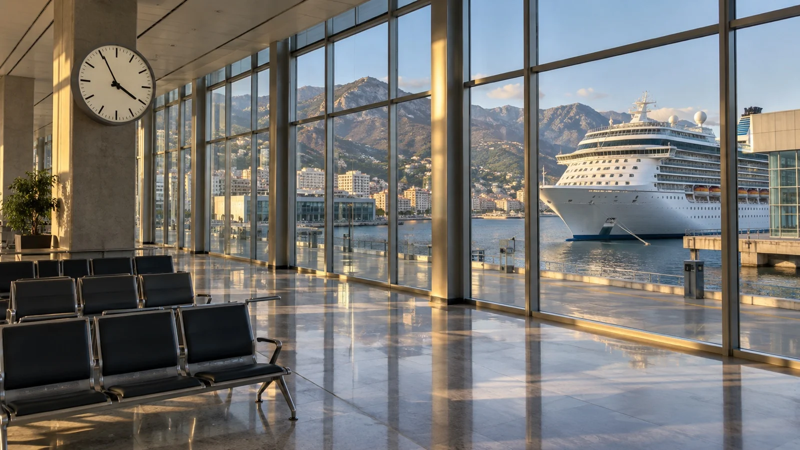 Empty cruise terminal with analog clock and ship visible through windows
