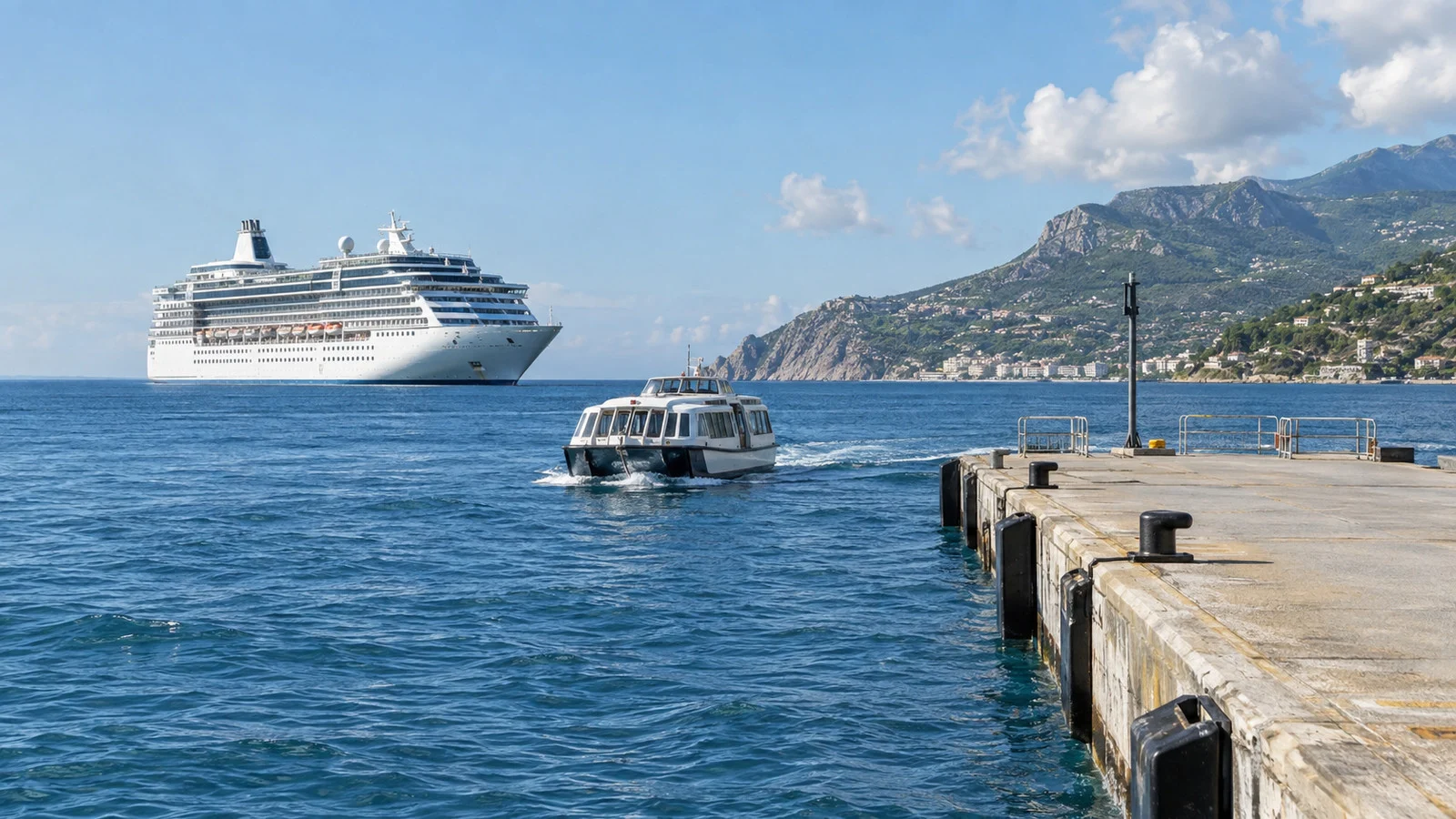a cruise ship at anchor offshore with a small tender boat approaching an empty pier, no people