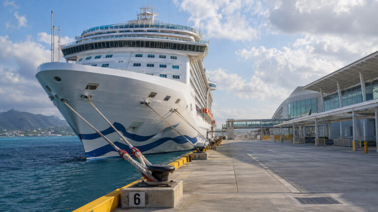 a large cruise ship tied to a numbered pier at a modern sea cruise port, terminal buildings visible