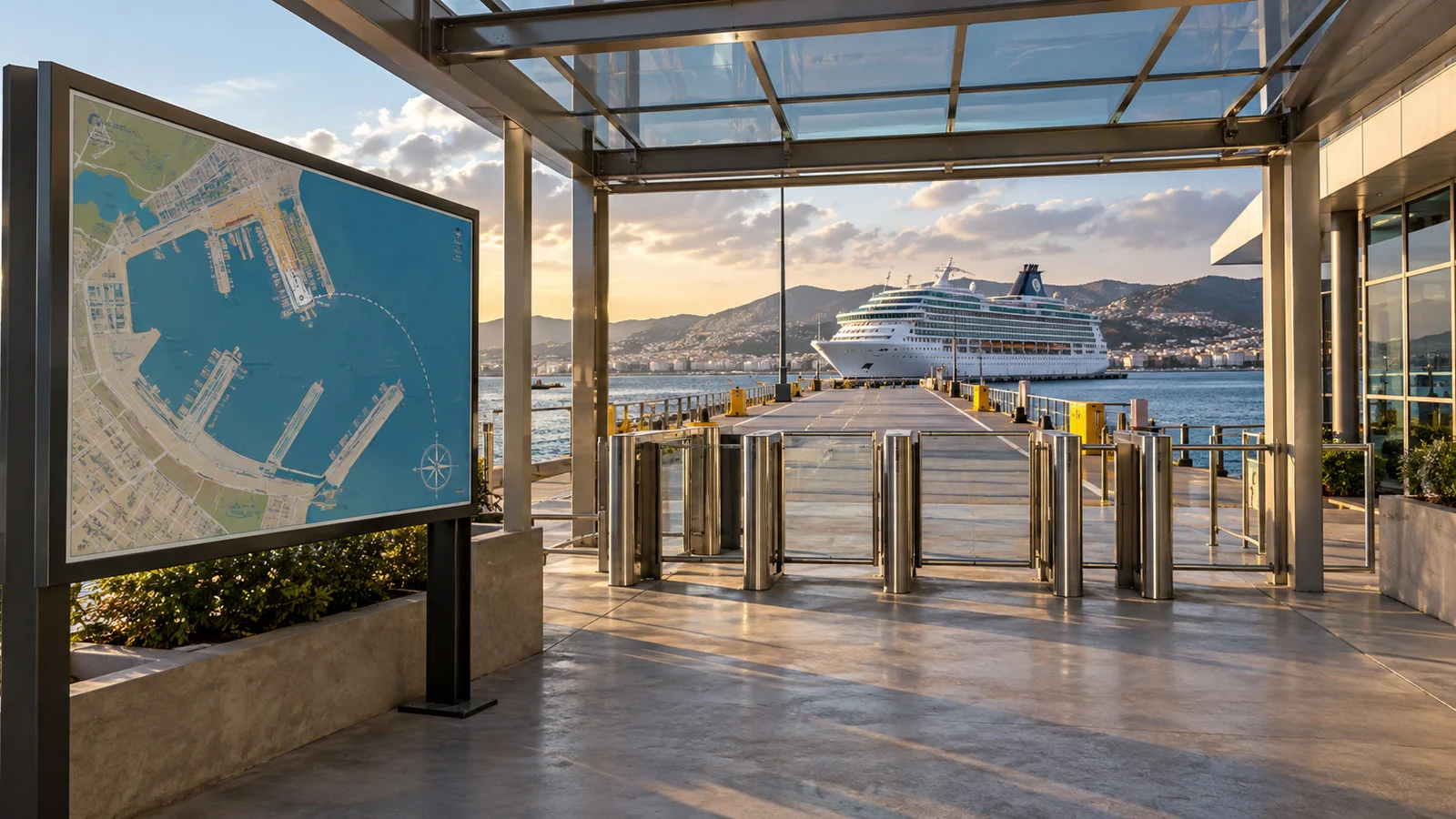 an empty cruise terminal entrance with a route map board and the ship visible beyond, no readable text