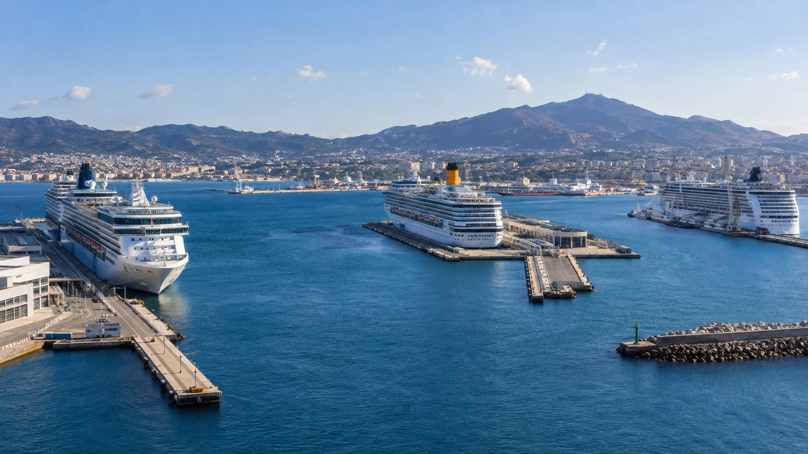 wide view of a cruise port with several distinct berths and ships at different piers