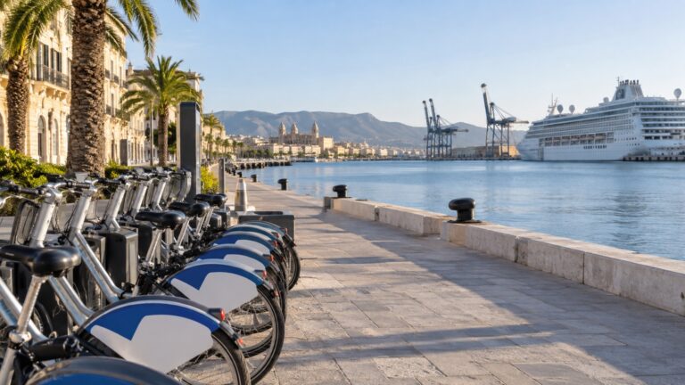 Row of rental bicycles at empty port-city waterfront near cruise pier
