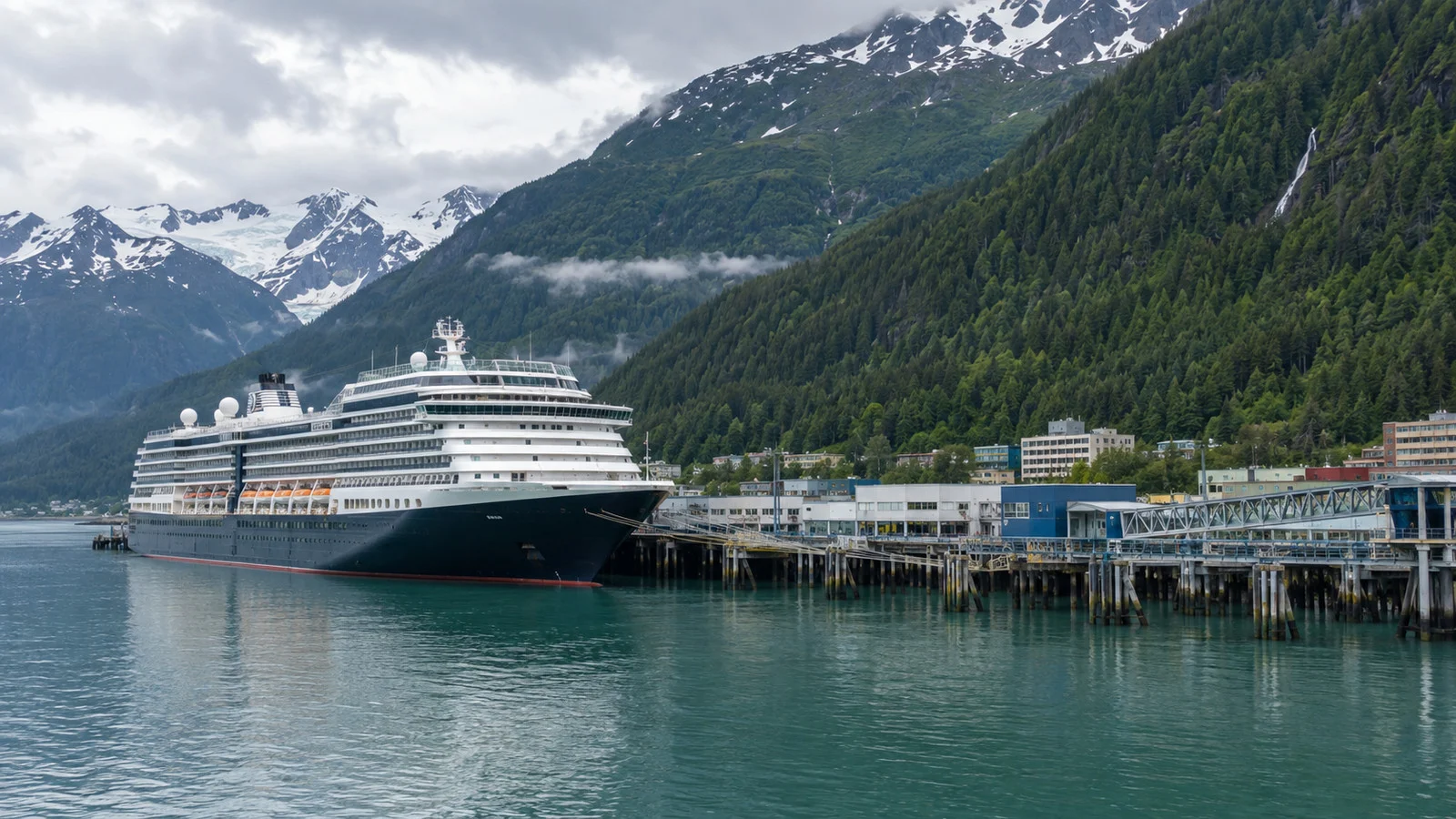 a cruise ship moored at Juneau's Alaska waterfront beneath green mountain slopes, no people