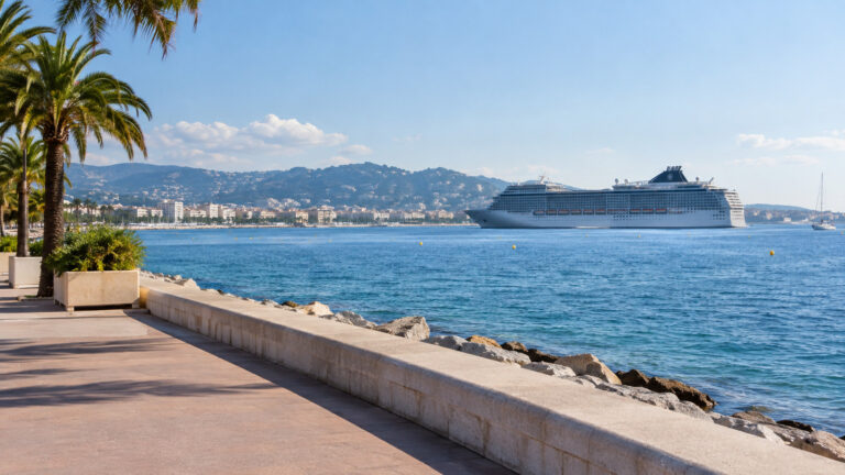 a large cruise ship anchored offshore near Cannes on the French Riviera, seen from an empty waterfront promenade