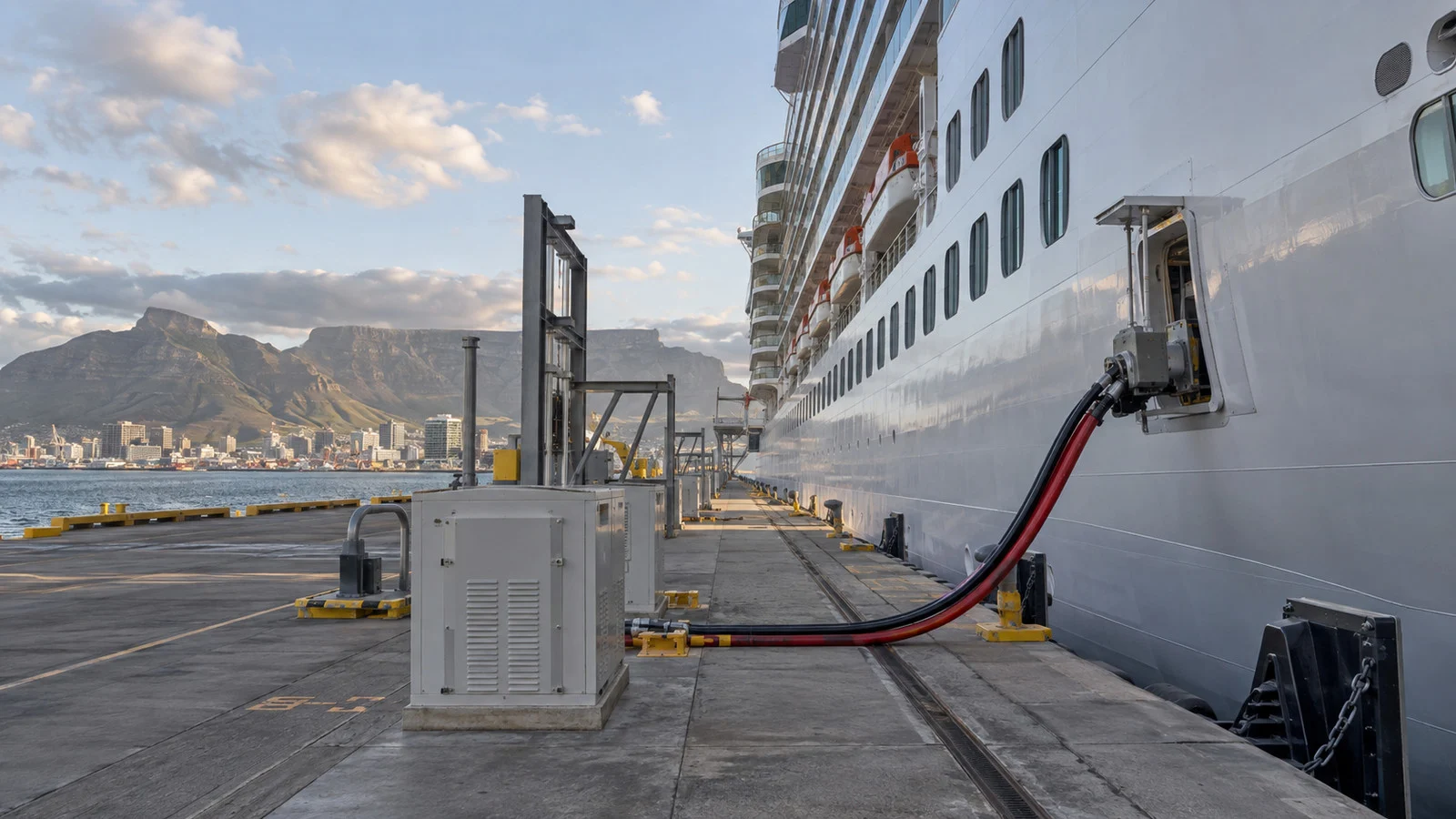 a modern cruise ship connected to a shore-power cable at a port berth, showing port infrastructure