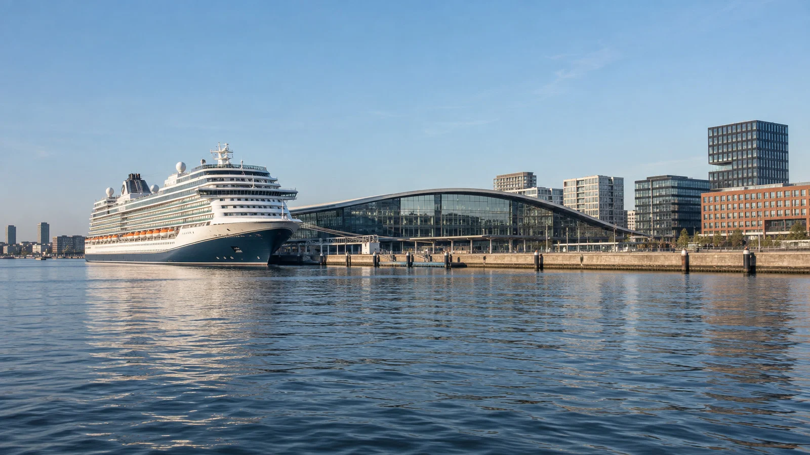 Cruise ship berthed at Passenger Terminal Amsterdam on the IJ waterfront