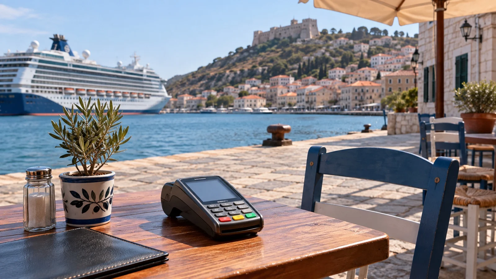 Card payment terminal at empty cafe table near cruise port, no readable text
