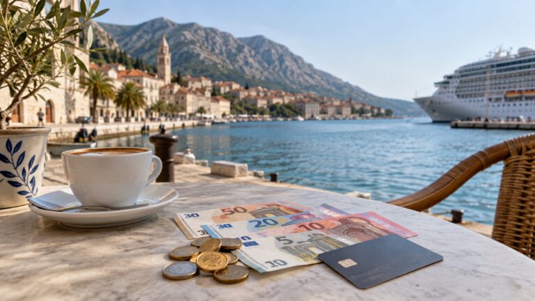 Local banknotes, coins, and unbranded payment card on a port cafe table, no legible text