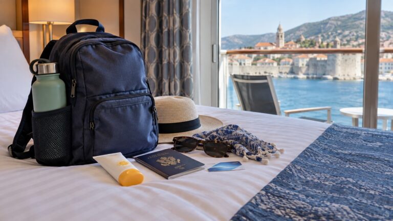 Small packed day bag on cruise cabin bed with water, sunscreen, passport and ship card