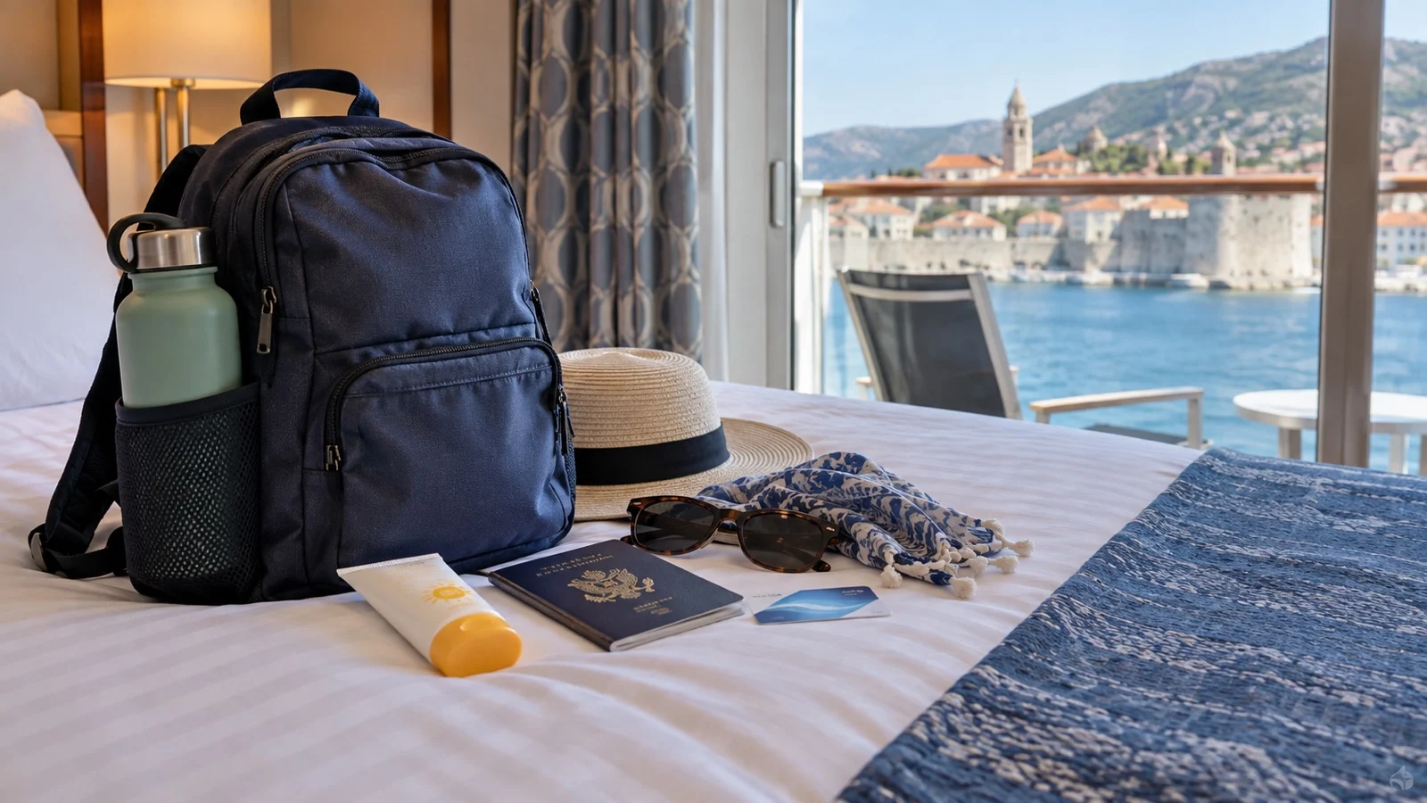 Small packed day bag on cruise cabin bed with water, sunscreen, passport and ship card