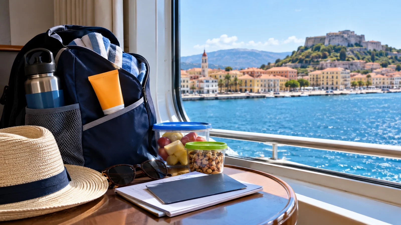 Packed port day bag with sunscreen, water, snacks, and blank documents beside ship window