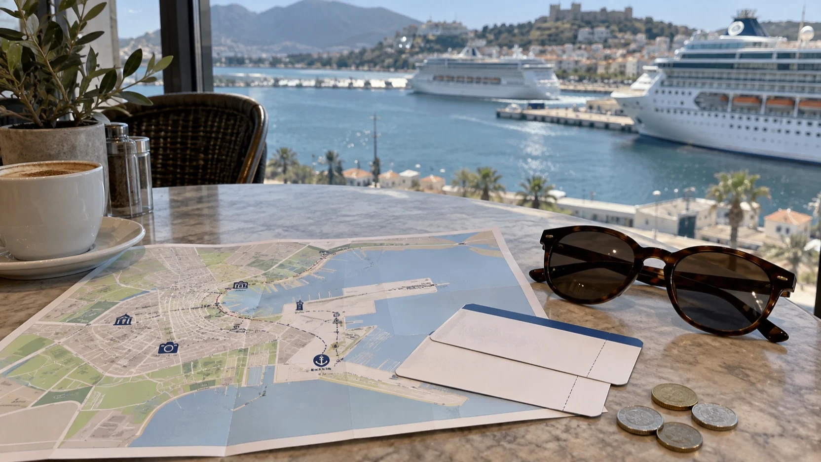 Port map, tickets and coins on a table overlooking cruise ships