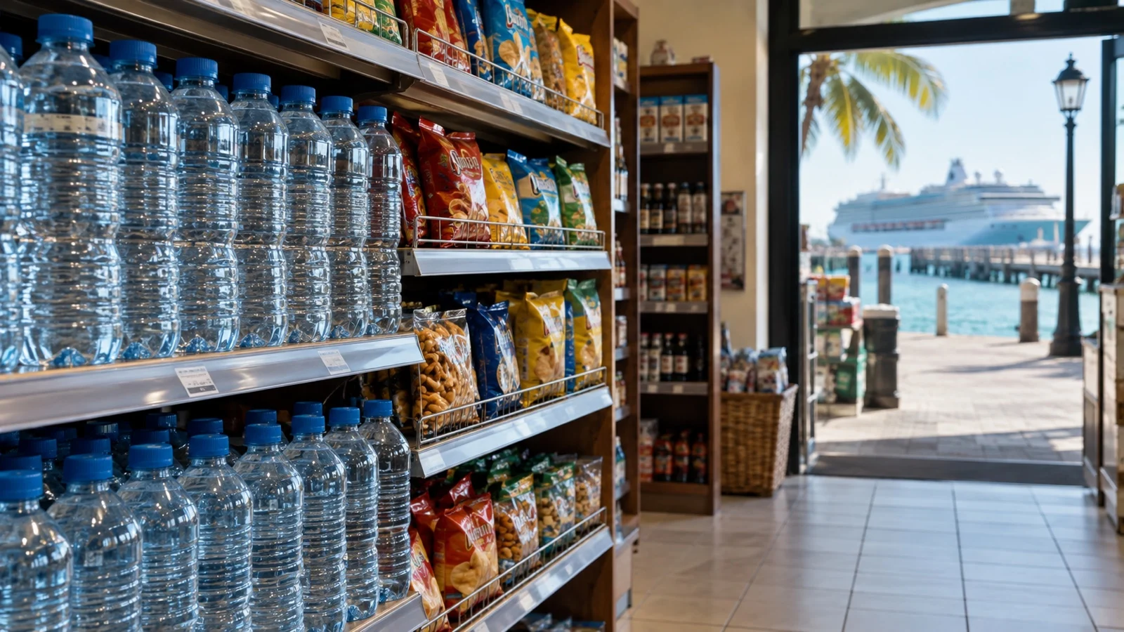 Bottled water and snacks on grocery shelf near cruise port, no readable labels